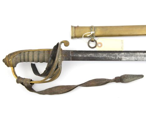 An 1845 pattern infantry field officer’s sword, almost straight, fullered blade 32”, etched on both sides with crowned VR cyp