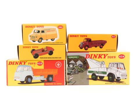 5 Atlas Dinky Toys. Mercedes Benz Racing Car (23C) in dark blue. Austin Wagon (412) in light yellow with green wheels. Bedfor