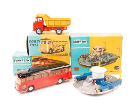 3 Corgi Toys. ERF Model 64G Earth Dumper (458) in red with yellow body. Midland Red Motorway Express Coach (1120) and an HDL 