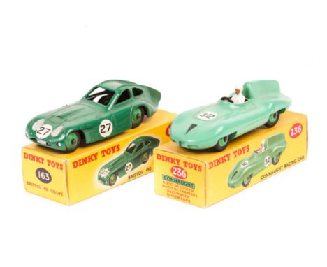 2 Dinky Toys racing cars. Bristol 450 Sports Coupe (163) in dark green with mid green wheels, RN27. Plus a Connaught Racing C