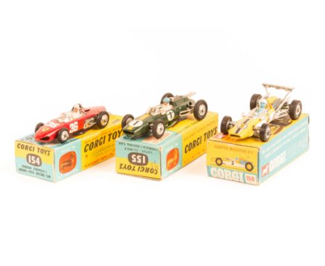 3 Corgi Formula 1 Racing Cars. Ferrari (154) in red, RN36. Lotus Climax (155) in green, RN1. Plus a Cooper-Maserati F/1 (159)