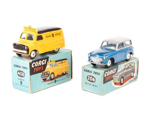 2 Corgi Toys. Hillman Minx (206) in metallic blue and silver. Plus a Bedford AA Road Service Van (408). minor wear.  Vehicles