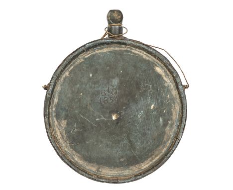 A Crimean war period wooden drum shaped water bottle, iron bands, loops for suspension strap and wooden stopper, marked with 