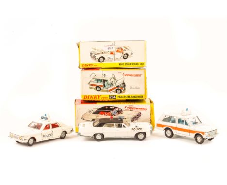 3 Dinky Toys. USA Police Car (Pontiac Parisienne) (251) in white and black livery, cream interior. Plus a Police Patrol Range