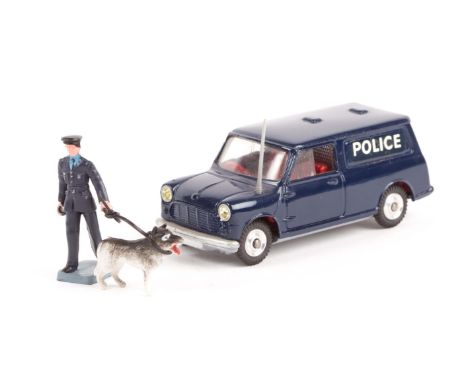 A Corgi BMC Mini Police van (448). An unboxed example of the Austin Mini van in dark blue POLICE livery, with red interior, c