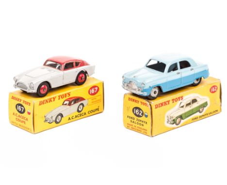 2 Dinky Toys. Ford Zephyr Saloon (162) in two tone blue with light grey wheels. Plus an A.C. Aceca Coupe (167) in light grey 