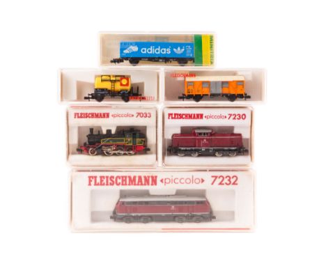 13 N gauge including locomotives and freight rolling stock by Fleischmann and Minitrix. 3 locomotives – 2x DB Bo-Bo diesels -
