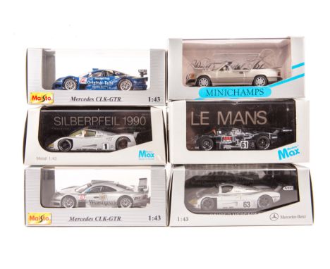 6 Mercedes-Benz 1:43 models by Minichamps, Maisto, Model Max etc. Minichamps – 300CE -24 Cabriolet in metallic silver. 2x Mai