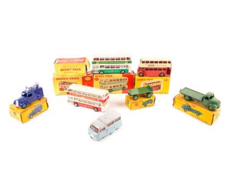 7 Dinky Toys. Ford Thames Flat Truck (422). Trailer (429). Loud Speaker Van (492). Atlas Bus (295). Double Deck Bus (290). 2 