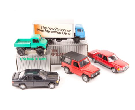 10 Mercedes-Benz 1:35 scale Point-of-Sale die-cast models by NZG and Cursor. 3 boxed – 709-114 71/2 ton truck in blue and sil