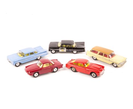 5 Corgi Toys. An Aston Martin DB4 in red with yellow interior. A Renault Floride in red. A Plymouth Sports Suburban in cream 