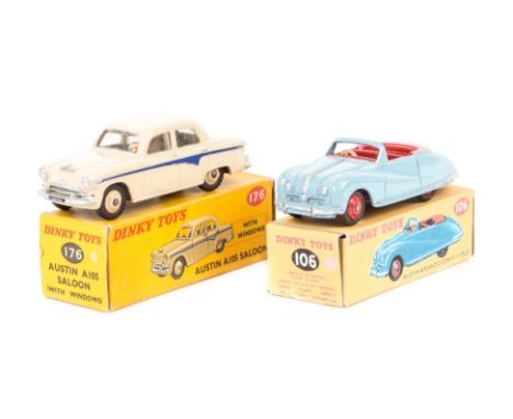 2 Dinky Toys. Austin Atlantic Convertible (106). In light blue with red interior and wheels. Plus an Austin A105 saloon (176)