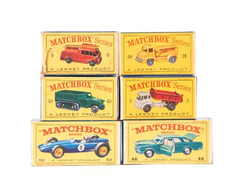 6 empty early Matchbox Series boxes. No.3 Bedford Tipper Truck, No.9 Merryweather Fire Engine, No.28 Ford Compressor Lorry, N