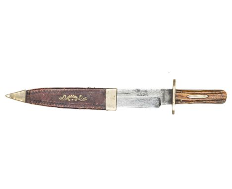A Bowie knife, tapering SE blade 8”, marked on one side “H. Hobson, Warranted” at forte with “The Hunter’s Companion” and eag
