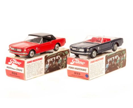 2 Tekno Fords. Ford Mustang convertible (833) in dark blue with red interior and grey tonneau. Plus a Mustang Coupe (834) in 