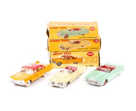 3 Dinky Toys American Cars. Cadillac Tourer (131) in yellow with cerise interior, with cream wheels. Packard Convertible (132