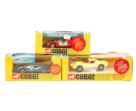 3 Corgi Toys Whizzwheels. A Lamborghini P400 GT Miura (342) in yellow with red interior. A Ferrari 206 Dino Sport (344) in re