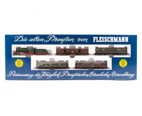 An N gauge Fleischmann train set (7880). A train in the Royal Prussian Livery, comprising 4-6-0 tender locomotive, 2412, 2x p