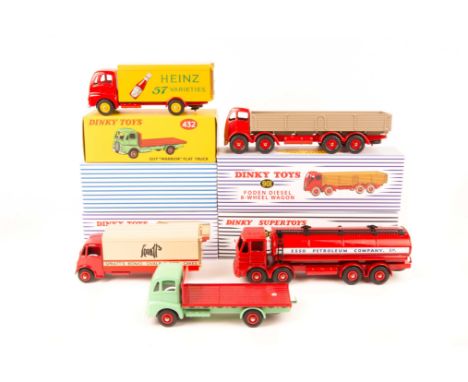 5 Atlas Dinky Toys/Supertoys. Guy “Warrior” Flat Truck (432) in mid green and red. Foden Diesel 8-Wheel Wagon (901) in red an