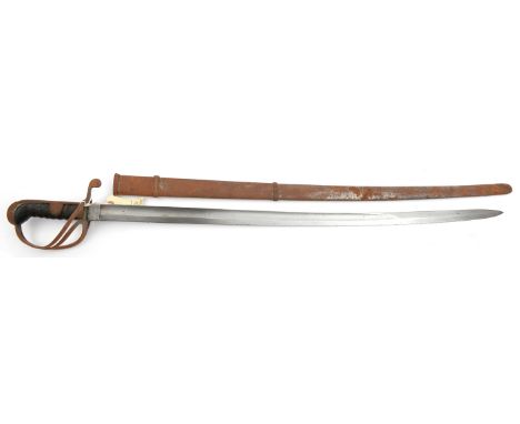 An 1821 light cavalry trooper’s style sword,  slightly curved fullered blade 35”, steel hilt with sideloop, 2 sidebars, large