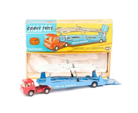 A Corgi Major Toys “Carrimore” Car Transporter (1105). 2nd type with Bedford TK tractor unit in red with yellow interior, two