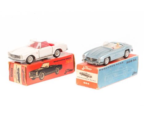2 Tekno Mercedes Benz. A 300SL open top (924) in light metallic blue with pale grey interior, complete with driver. Plus a 23
