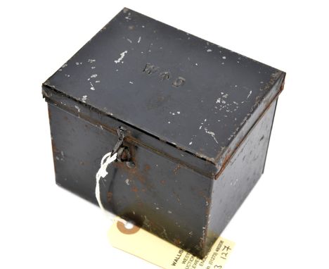 A black square tin box with W (arrow) D impressed in lid,  provision for lock, probably for small arms ammunition, 4½” x 3” x