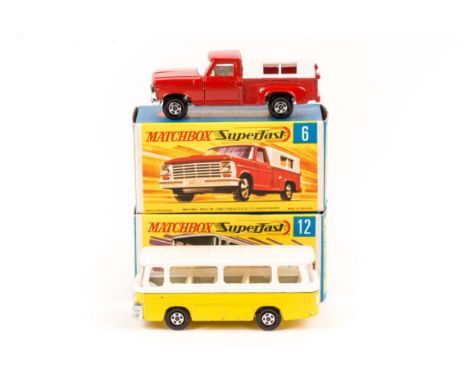 2 harder to find Matchbox Superfast. No.6 Ford Pick-Up in red with white plastic rear roof, example with light metallic green