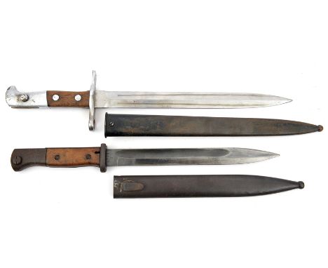 A Swiss M1918 bayonet,  by Waffenfabrik Neuhausen, in scabbard with leather tag, GC; a WWII German 1784/98 Mk III bayonet, ma