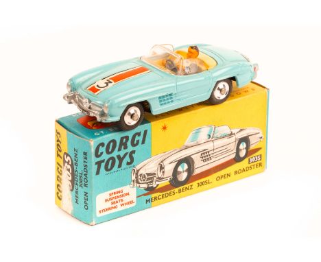 Corgi Mercedes-Benz 300SL (303S). An example in light blue with yellow interior, red/white stripe, RN3. Complete with driver.