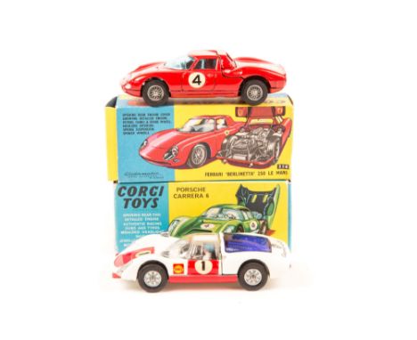 2 Corgi Toys racing cars. A Ferrari Berlinetta 250 Le Mans (314) in red, RN 4, with wire wheels and a Porsche Carrera 6 (330)