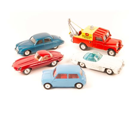 5 Corgi Toys. A Land Rover Breakdown Service. A Jaguar 2.4 in blue. A Jaguar E Type in red. A Morris Mini in blue with red in