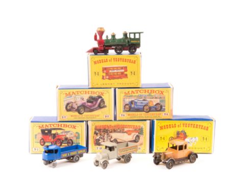 6 early Matchbox Models of Yesteryear. Y-1 1911 Model T Ford, Y-3 E Class Tramcar, Y-4 Shand Mason Horse Drawn Fire Engine, Y