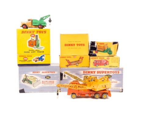 8 Dinky Toys/Supertoys.  Commer Breakdown Lorry (430). 20-ton Lorry Mounted Crane ‘Coles’ (972).  Blaw-Knox Bulldozer (961). 