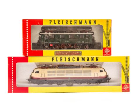2 Fleischmann HO electric locomotives. A DB class 103 Co-Co locomotive 103-118-6 in cream, maroon and grey livery. Plus a DB 