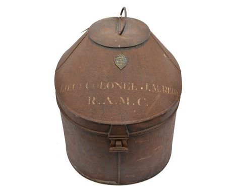 A tin case for tropical helmets,  painted name on lid “Lieut. Colonel J.M. Reid RAMC”, with clasp; the Army List shows Reid a