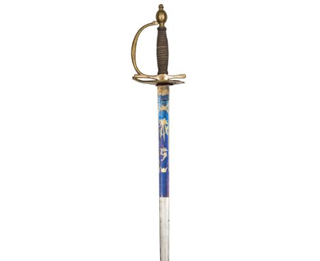 An early 19th century continental officer’s dress sword,  straight fullered blade 32½”, etched with trophies and florets and 