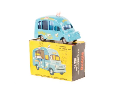A Budgie Models Tonibell Ice Cream Van (290). A light blue Bedford van with pink model of a cow on the roof. ‘Tonibell dairy 