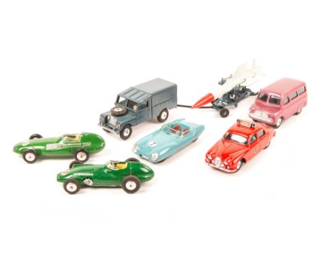 7 Corgi Toys. A RAF Land Rover with Thunderbird Guided Missile on Trolley (350 and 351). A Jaguar Fire Chief’s car (213). A B