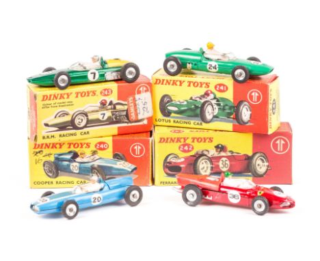 4 Dinky Toys racing cars. Cooper Racing Car (240) in mid blue RN20. Lotus Racing Car (241) in green RN24. Ferrari Racing Car 