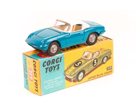 Corgi Lotus Elan Coupe – with detachable chassis (319). An example in mid blue with white roof and interior. Boxed, minor wea