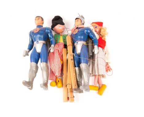 2 Pelham Puppets. Purporting to be figures of Jack and Jill. Together with 2x figures of Captain Lazer Action figures by Matt