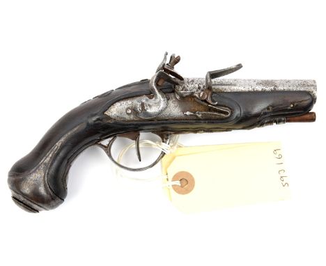 A French 48 bore flintlock sidelock pocket pistol,   c 1770, 7" overall, round tapered barrel 3", the plain rounded lock havi