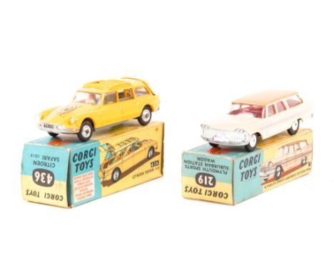 2 Corgi Toys. Plymouth Sports Suburban Station Wagon (219) in cream with a light brown roof and red interior. Plus a Citroen 