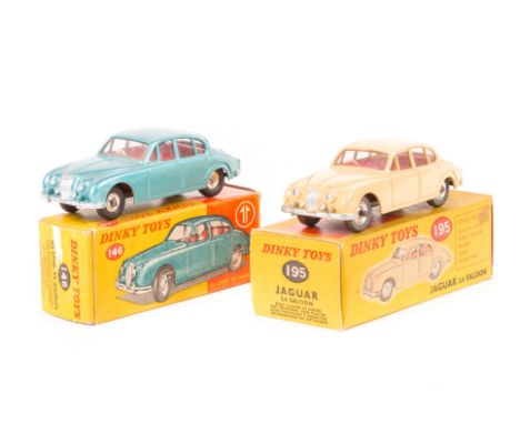 2 Dinky Toys. A 2.5 litre V8 Daimler (146) in metallic light blue with red interior. Plus a Jaguar 2.4 Saloon (195) in cream 