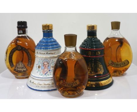 SELECTION OF FIVE BLENDED WHISKIEScomprising: one DIMPLE 15 YEAR OLD, 70cl, 40% abv; one DIMPLE 1970's, 70cl, 40% abv; one DI
