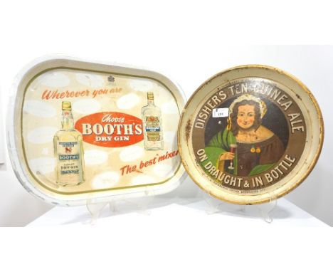 TWO VINTAGE PUB TRAYSOne tray of circular form (12" diameter) advertising Disher's Ten Guinea Ale, together with rectangular 