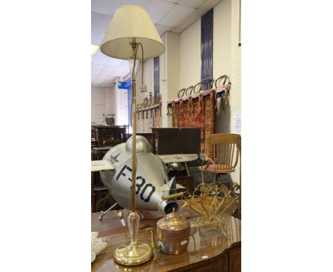 BRASS STANDARD LAMP, BRASS MAGAZINE RACK &amp; COPPER KETTLE