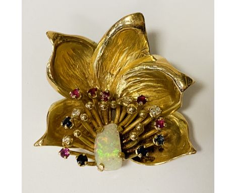 HIGH CARAT FLORAL PENDANT WITH AUSTRALIAN BOULDER OPAL WITH DIAMONDS, RUBIES &amp; SAPPHIRES 14.6 GRAMS APPROX