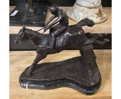 BRONZE HORSE &amp; JOCKEY ON MARBLE BASE